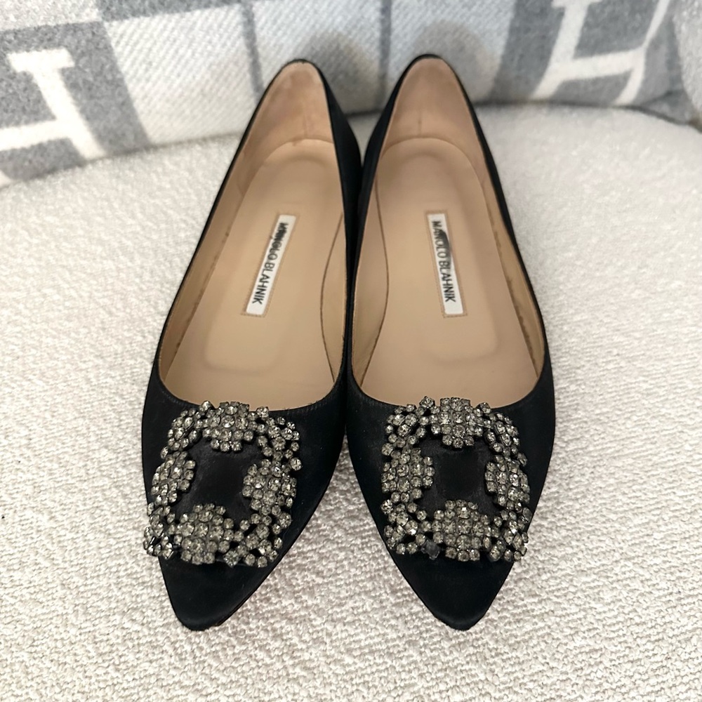 Manolo Blahnik Black Hangisi Crystal-Embellished Flats